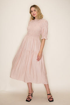 Smocked Ruffle Neck Midi Dress