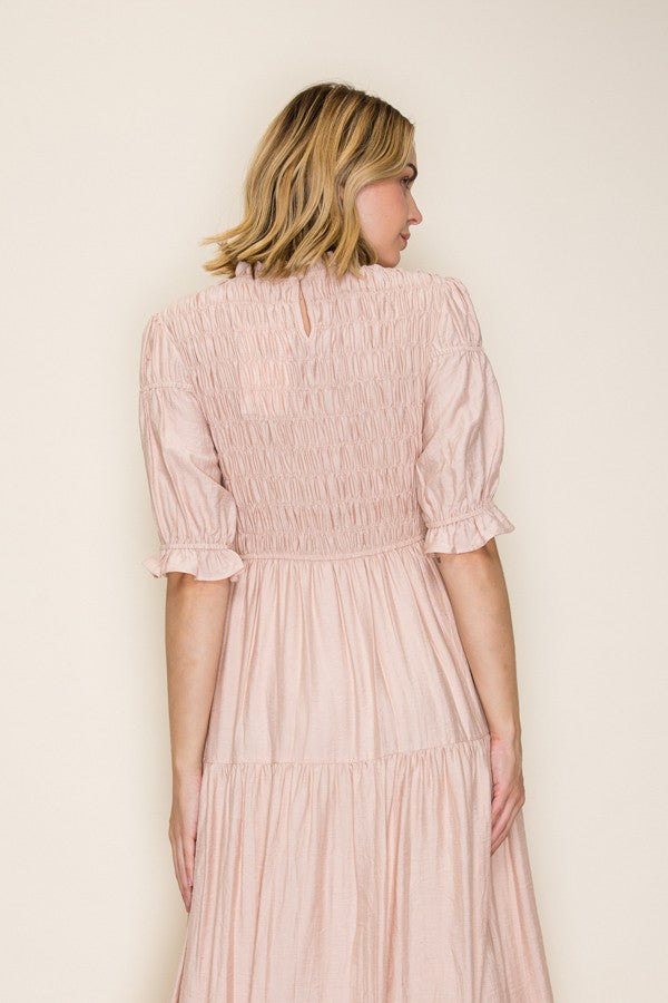 Smocked Ruffle Neck Midi Dress