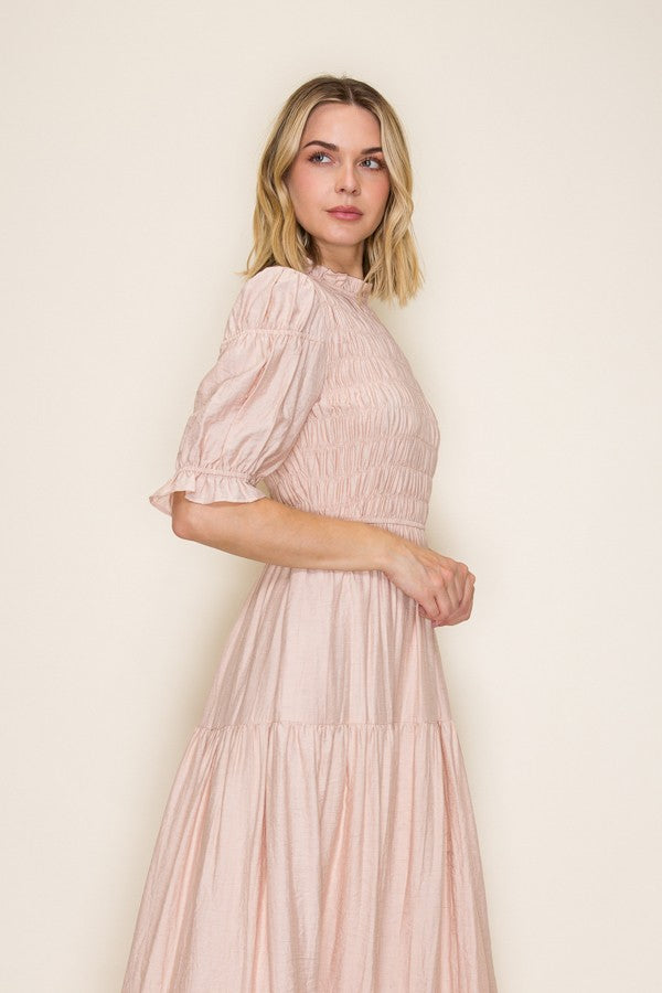 Smocked Ruffle Neck Midi Dress