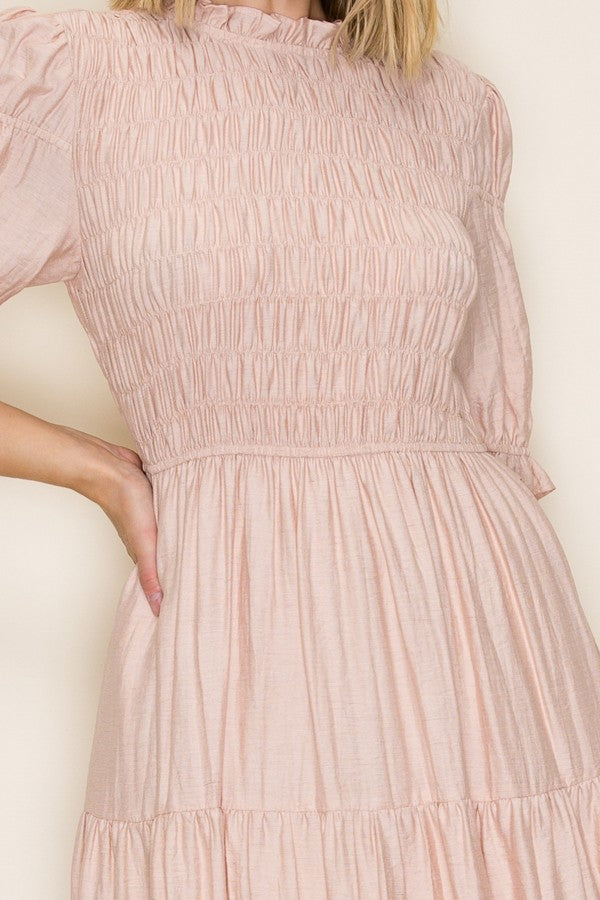 Smocked Ruffle Neck Midi Dress