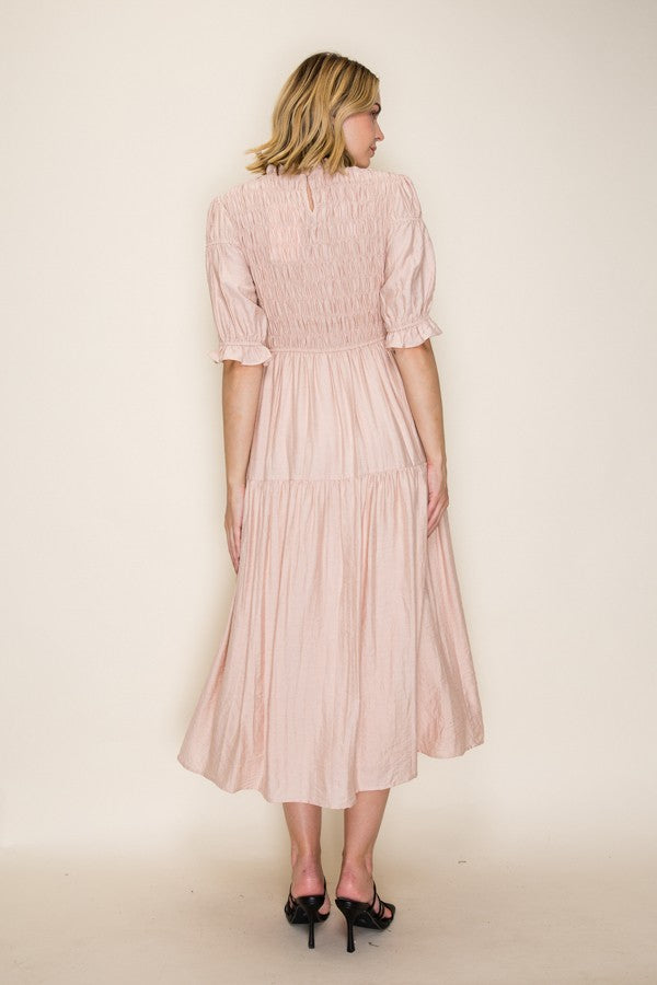 Smocked Ruffle Neck Midi Dress