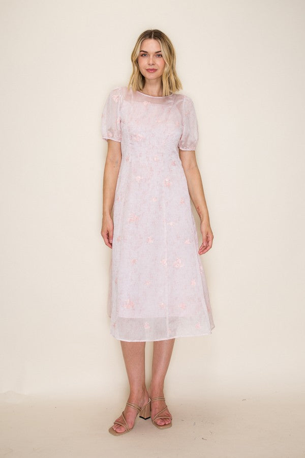 Embroidered Floral Organza Midi Dress