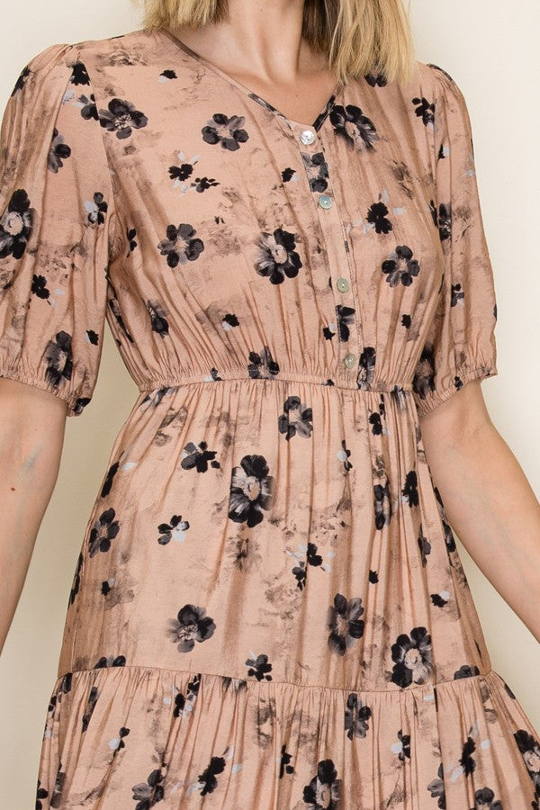 Floral Button Front Tiered Midi Dress