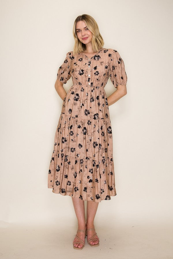 Floral Button Front Tiered Midi Dress