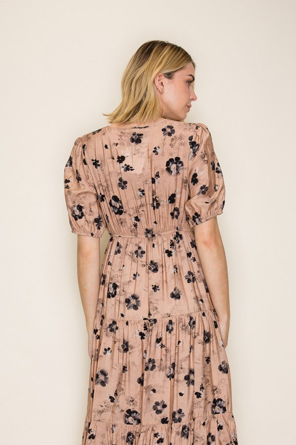 Floral Button Front Tiered Midi Dress