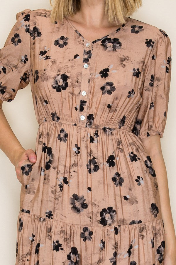 Floral Button Front Tiered Midi Dress