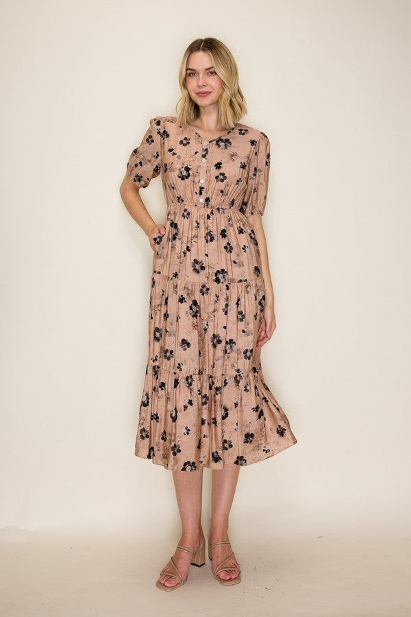 Floral Button Front Tiered Midi Dress