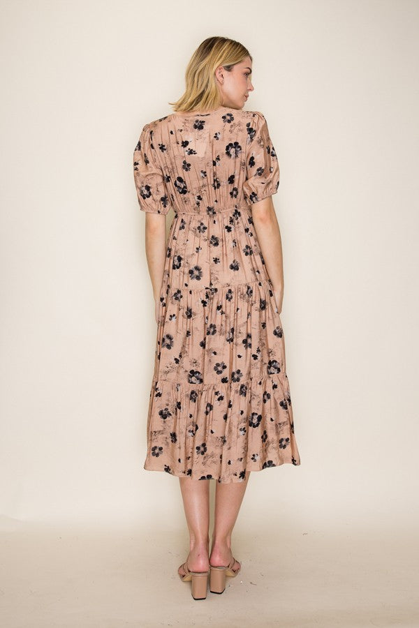 Floral Button Front Tiered Midi Dress