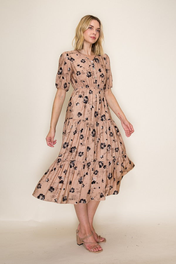 Floral Button Front Tiered Midi Dress