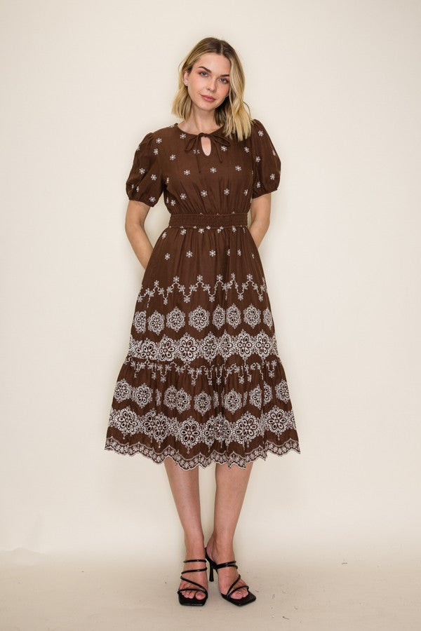Smocked Waist Embroidered Dress
