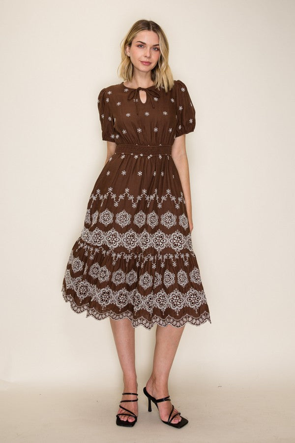 Smocked Waist Embroidered Dress