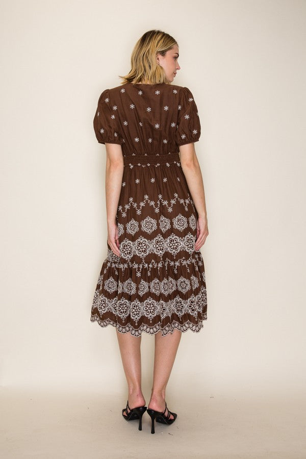 Smocked Waist Embroidered Dress