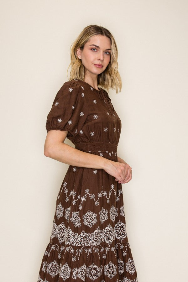 Smocked Waist Embroidered Dress