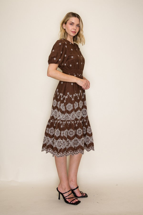 Smocked Waist Embroidered Dress