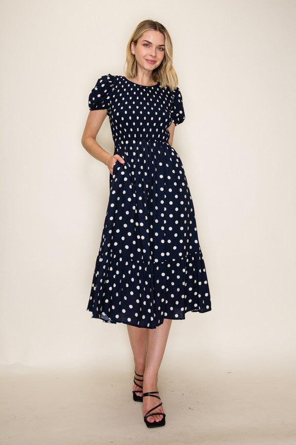 Polka Dot Smocked Midi Dress