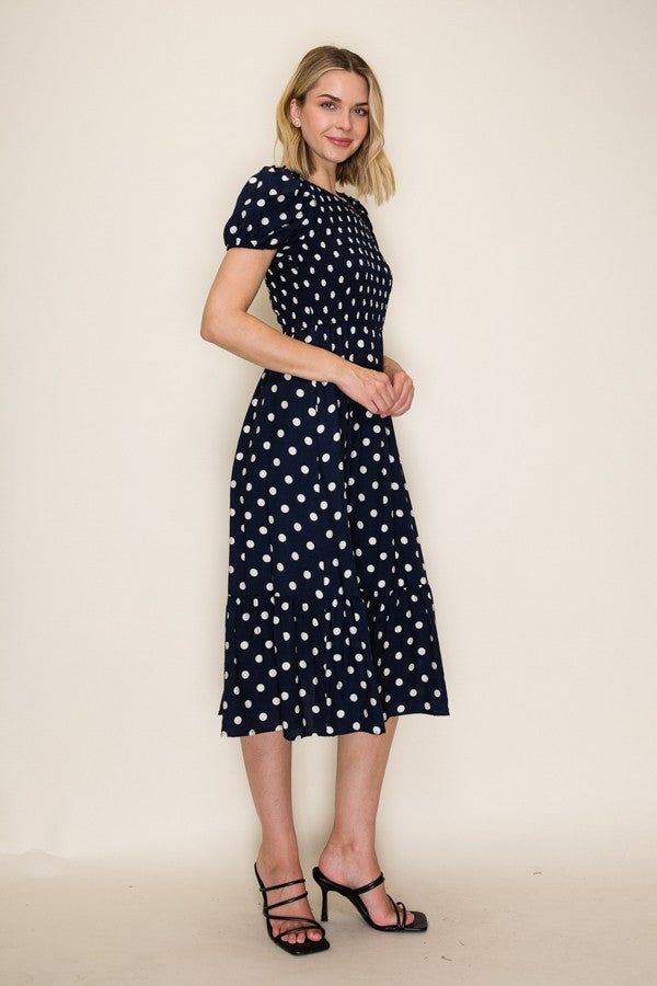Polka Dot Smocked Midi Dress