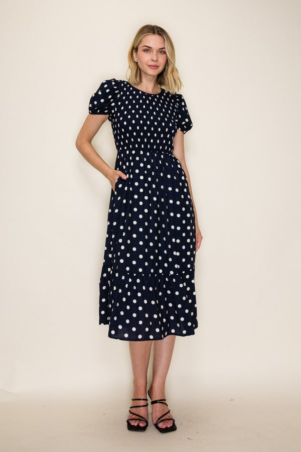 Polka Dot Smocked Midi Dress