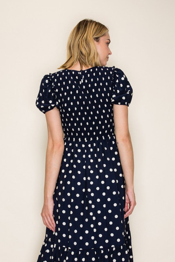 Polka Dot Smocked Midi Dress