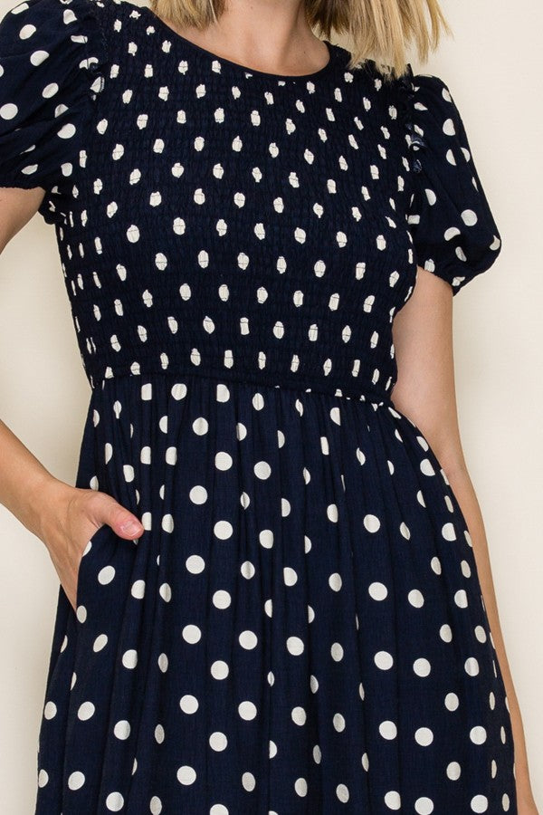 Polka Dot Smocked Midi Dress