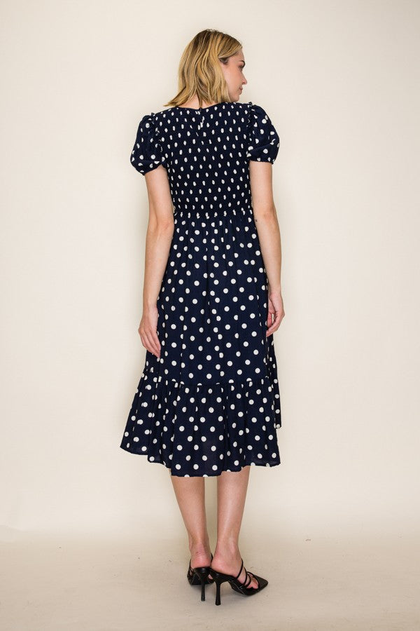 Polka Dot Smocked Midi Dress