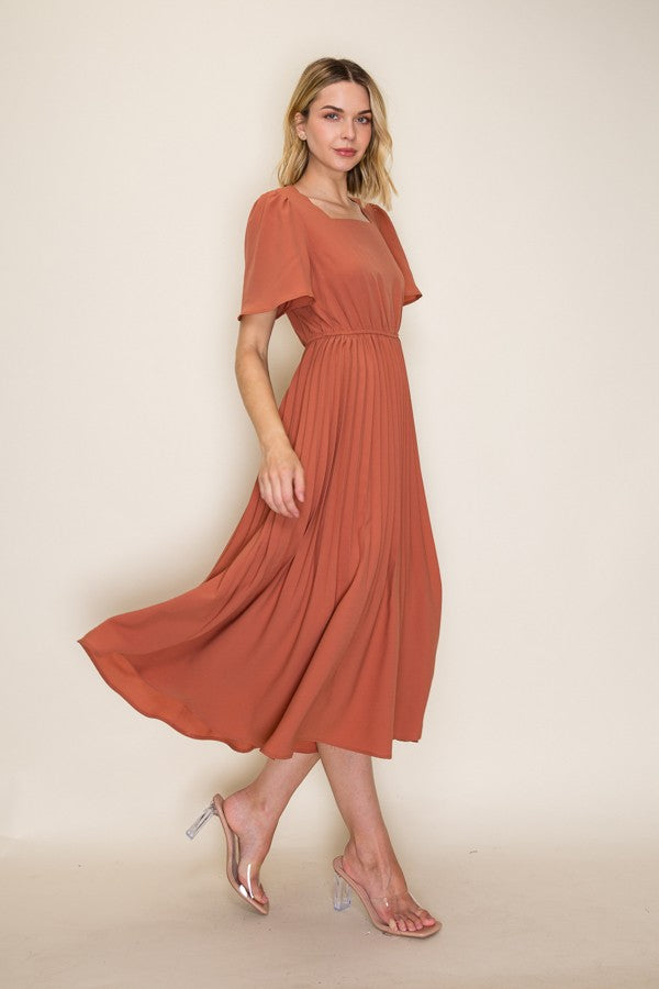 Pleated Square Neck Midi Dress