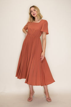 Pleated Square Neck Midi Dress