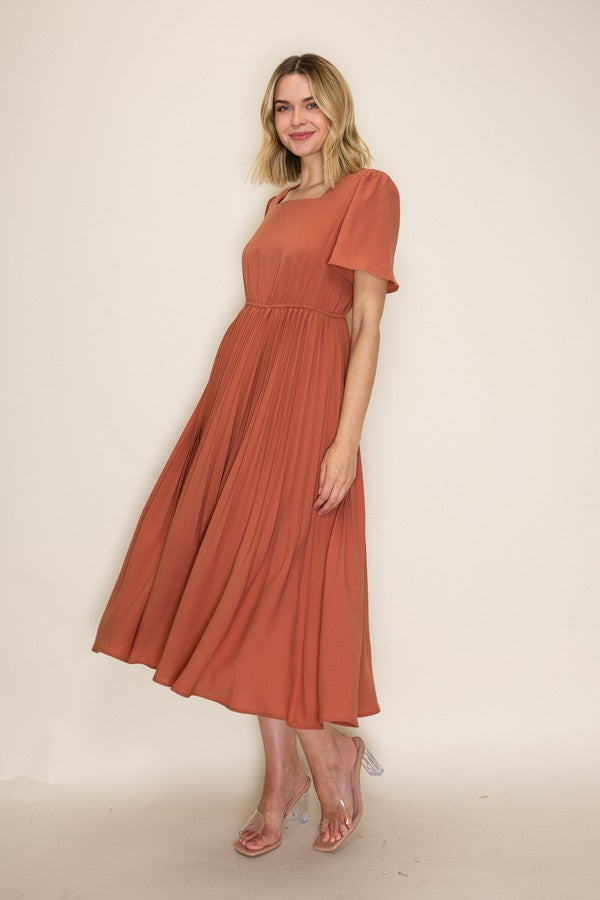 Pleated Square Neck Midi Dress
