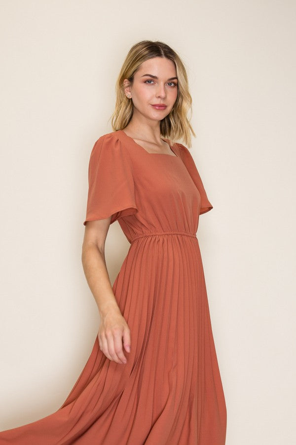 Pleated Square Neck Midi Dress