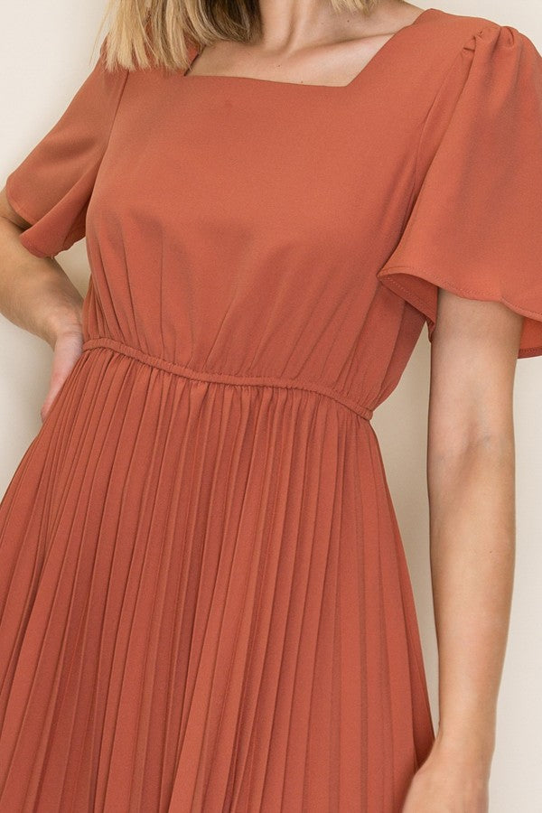 Pleated Square Neck Midi Dress