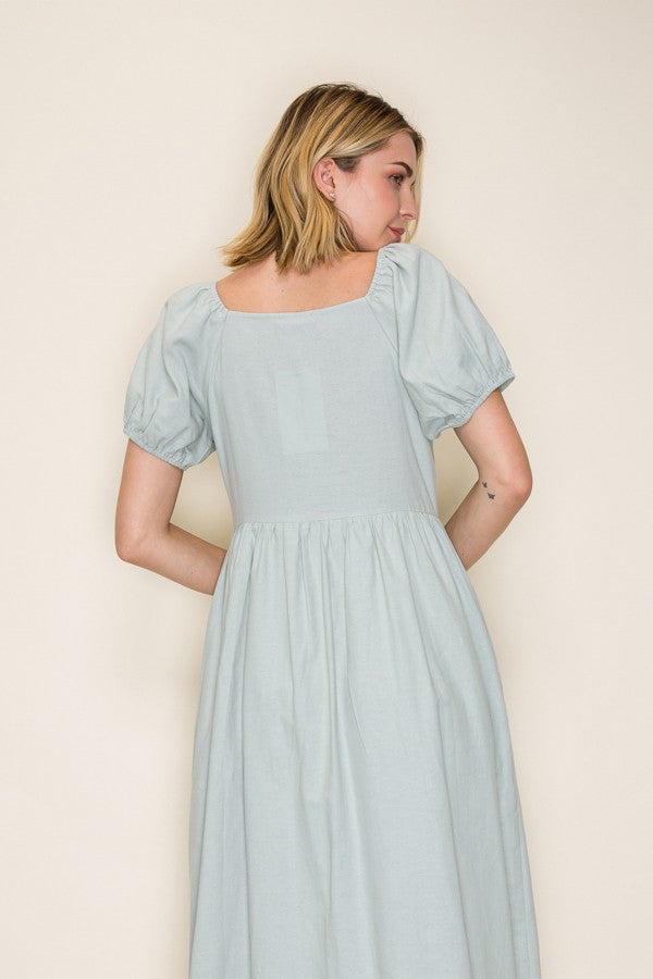 Button Front Bubble Sleeve Midi Dress