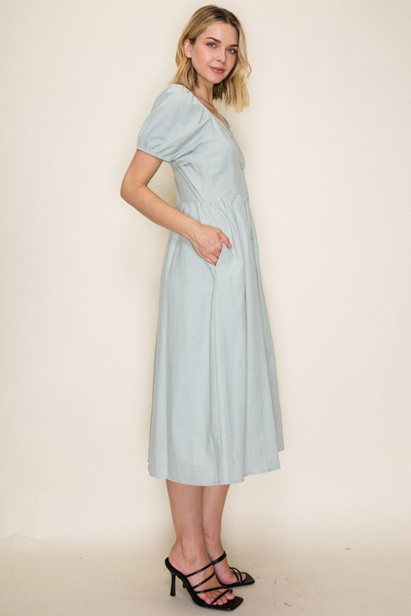 Button Front Bubble Sleeve Midi Dress