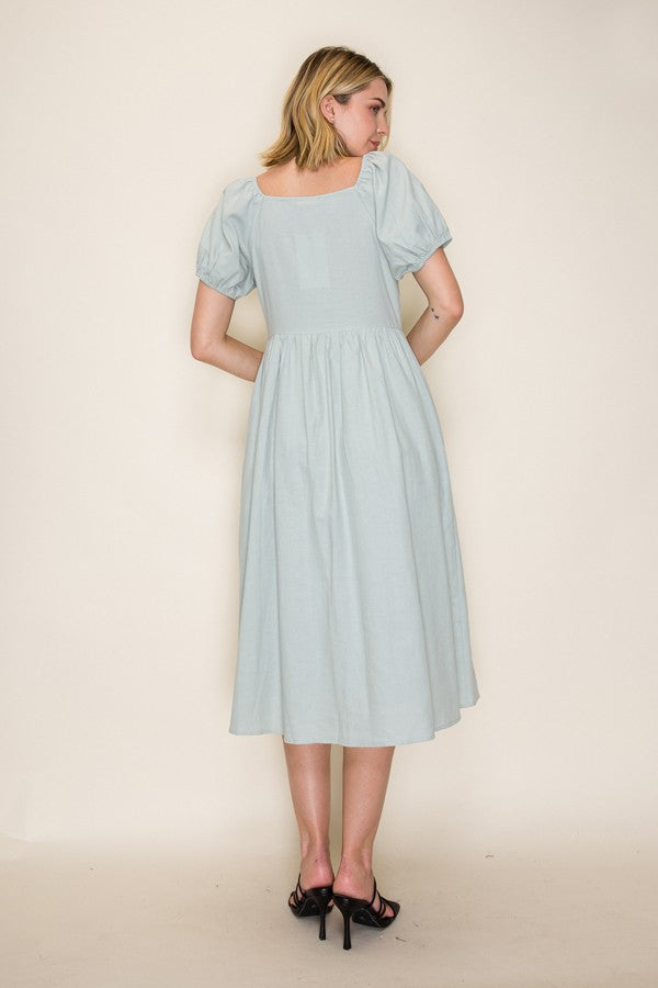 Button Front Bubble Sleeve Midi Dress