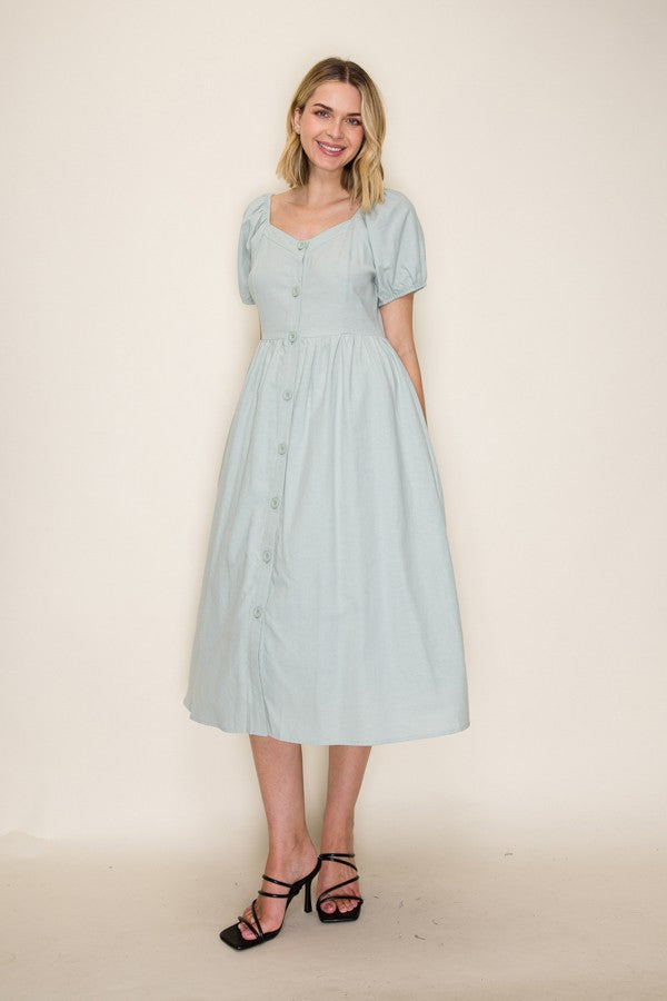 Button Front Bubble Sleeve Midi Dress