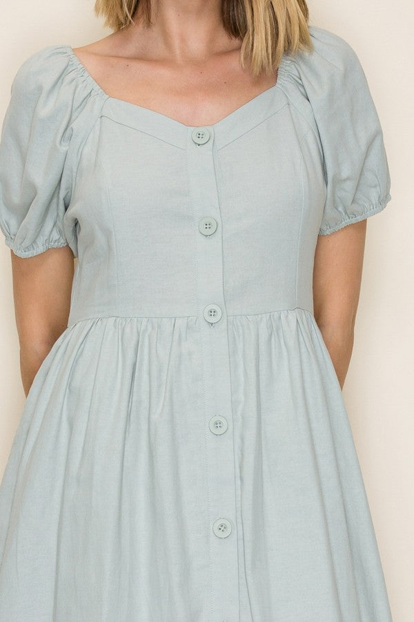 Button Front Bubble Sleeve Midi Dress