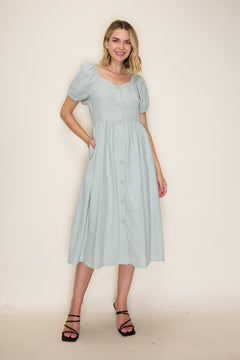 Button Front Bubble Sleeve Midi Dress
