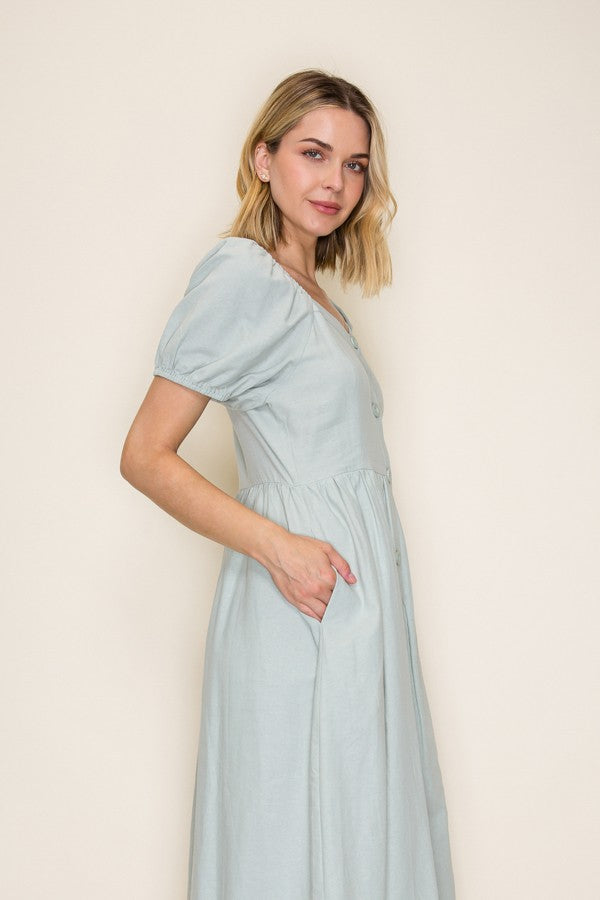 Button Front Bubble Sleeve Midi Dress