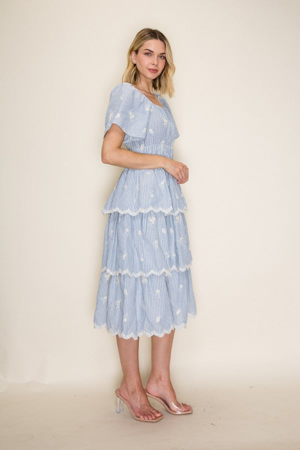 Embroidered Stripe Scallop Tiered Midi Dress