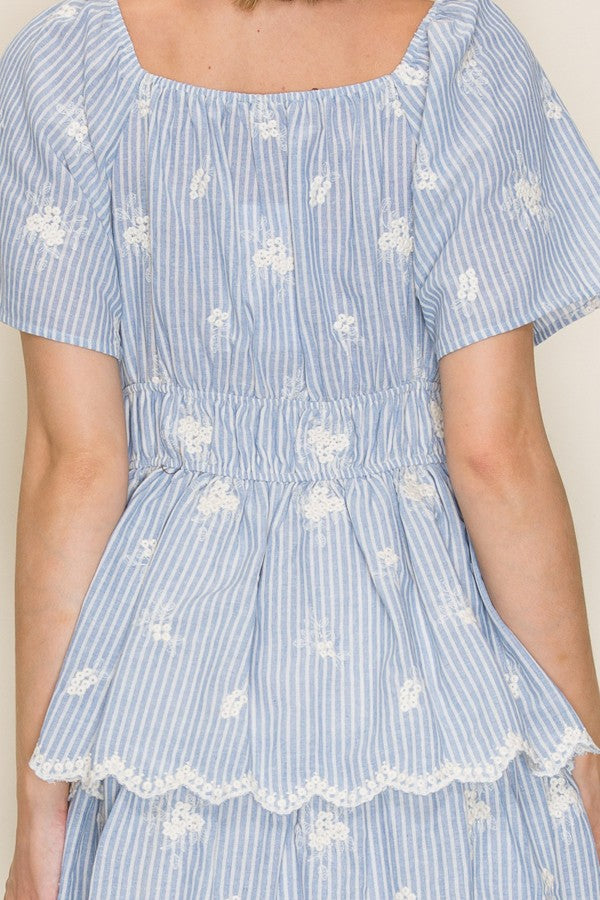Embroidered Stripe Scallop Tiered Midi Dress
