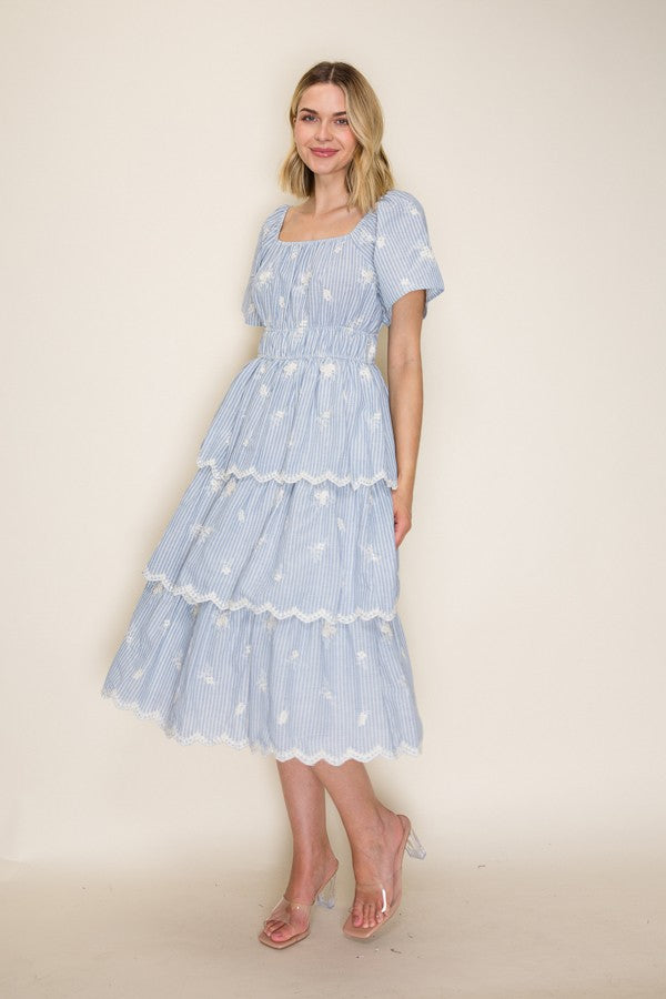 Embroidered Stripe Scallop Tiered Midi Dress