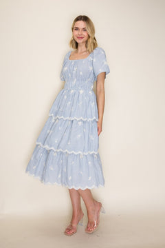 Embroidered Stripe Scallop Tiered Midi Dress