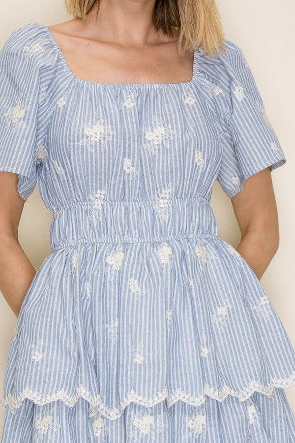 Embroidered Stripe Scallop Tiered Midi Dress