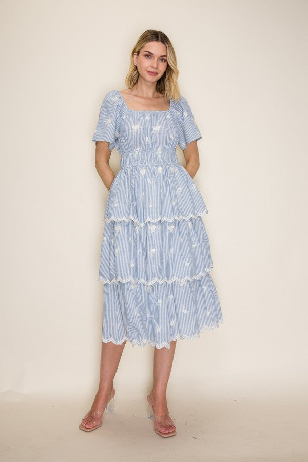 Embroidered Stripe Scallop Tiered Midi Dress
