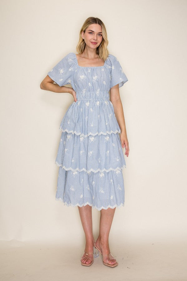 Embroidered Stripe Scallop Tiered Midi Dress