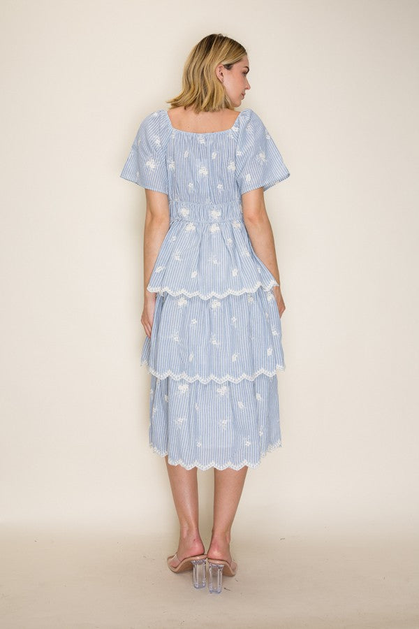 Embroidered Stripe Scallop Tiered Midi Dress