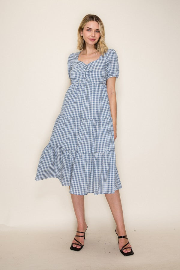 Gingham Ruched Front Midi Dress