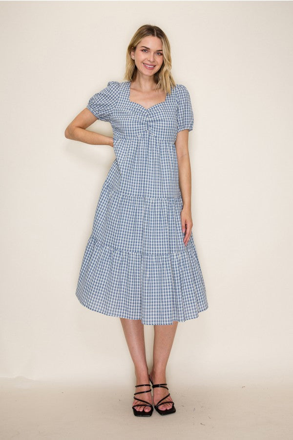 Gingham Ruched Front Midi Dress