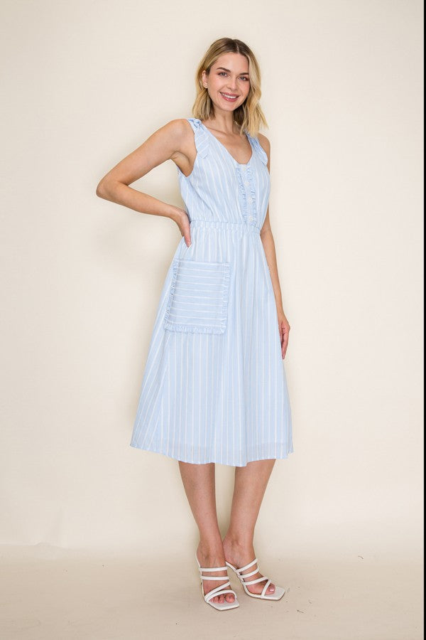 Striped Ruffle Trim Midi Dress