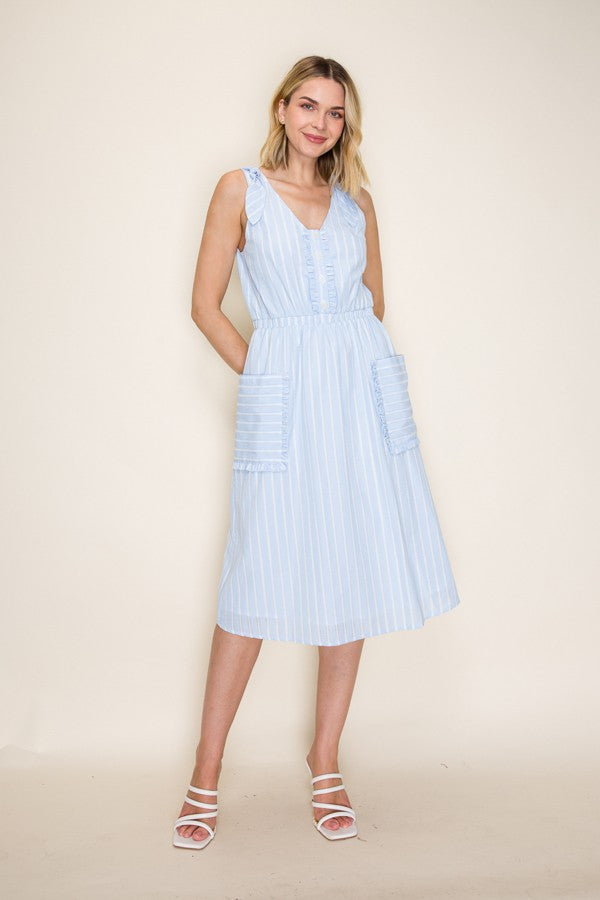Striped Ruffle Trim Midi Dress