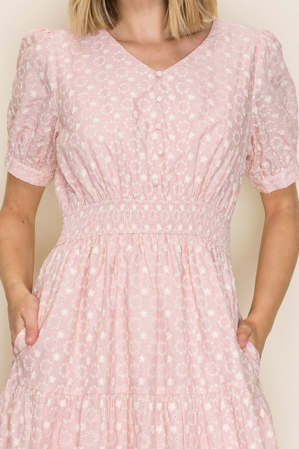 Eyelet Lace Smocked Midi Dress