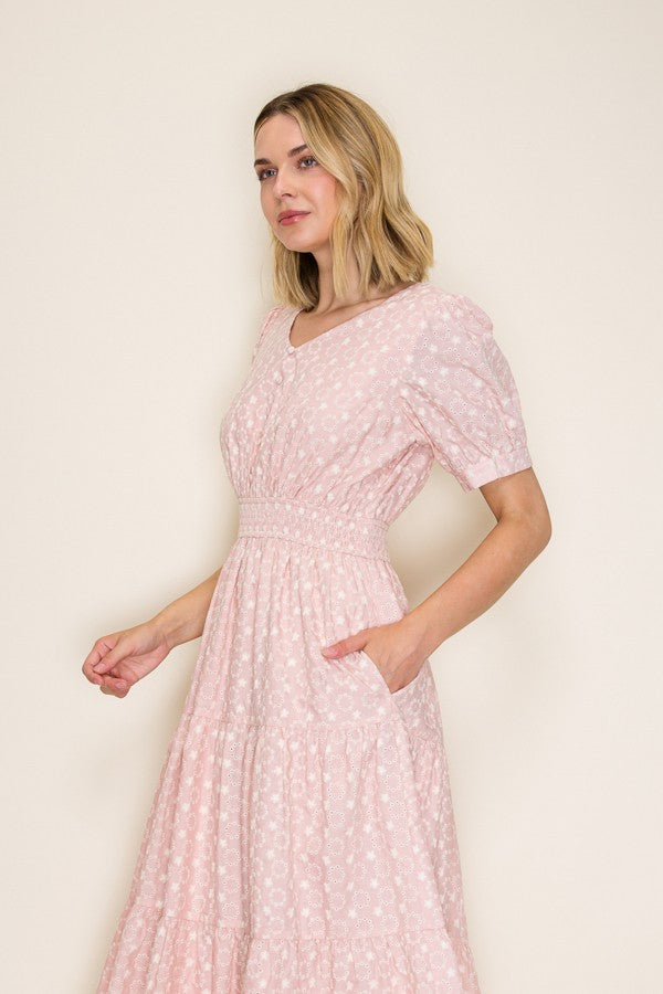 Eyelet Lace Smocked Midi Dress
